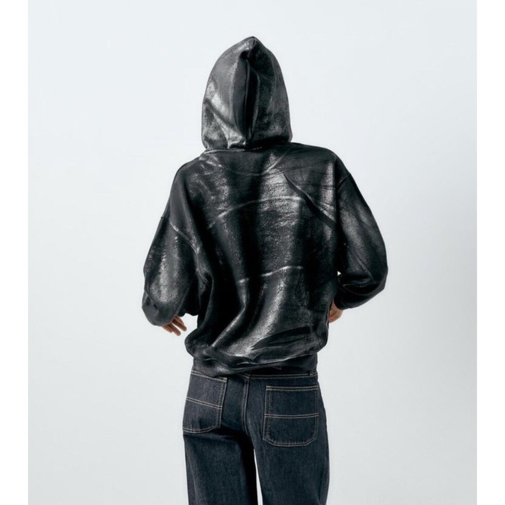 ZARA Womens Girls Metallic Silver Punk Gothic Rock Hoodie‎ Sweatshirt Size S - Picture 7 of 15